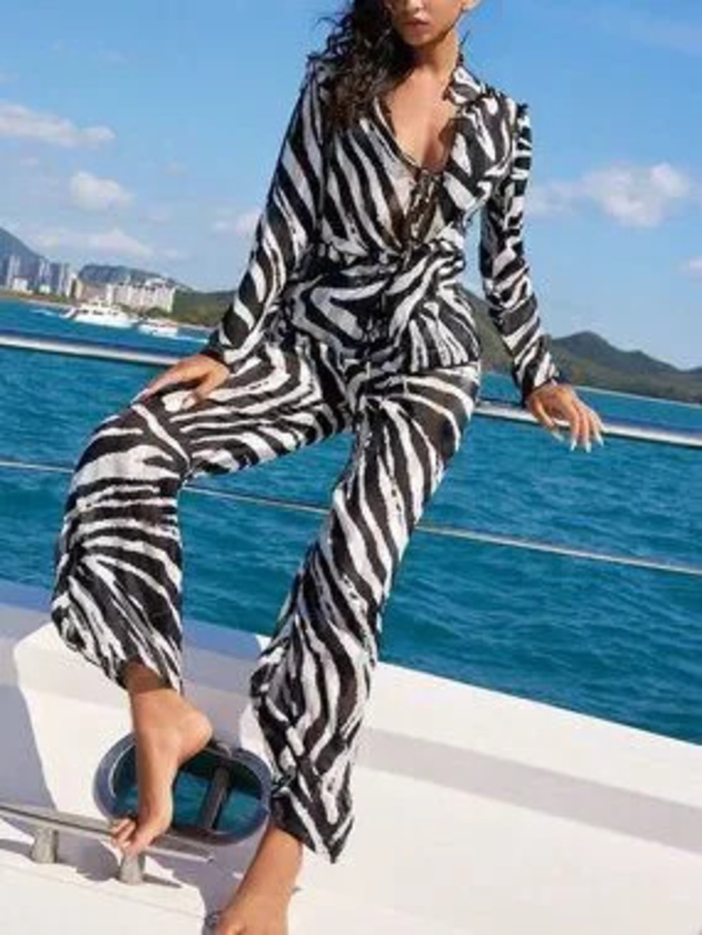 Black Casual Women's Zebra Print Sheer Wrap Cardigan And Tie-Waist Pants Set